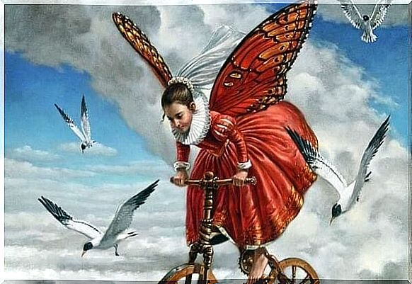 Winged girl on bicycle