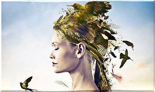 Woman with birds in her hair