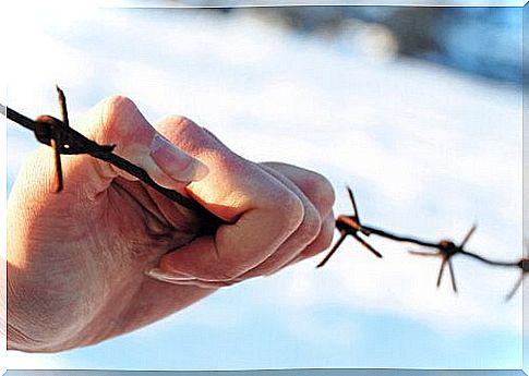 Hand around barbed wire